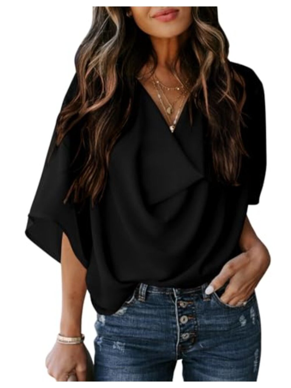 Women's Short Sleeve Blouse V-Neck Flowy Chiffon Casual Loose Fit